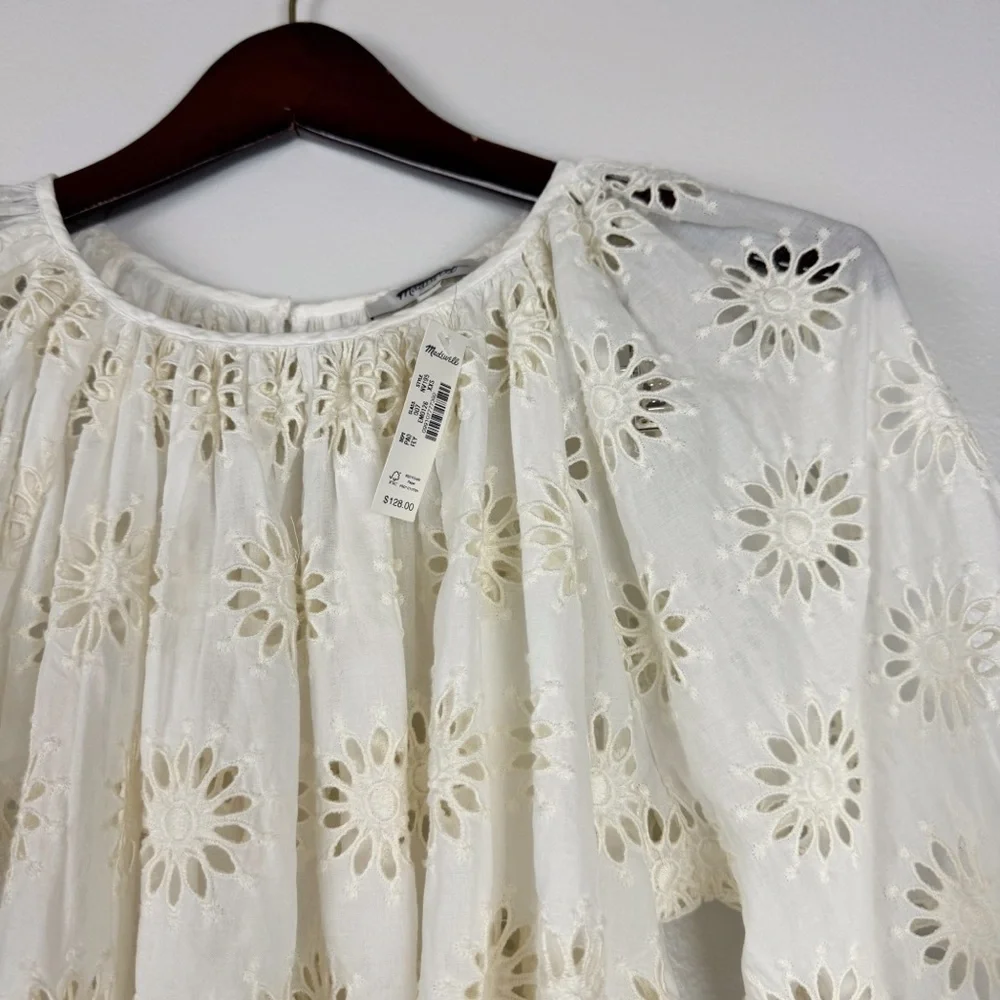 Madewell Embroidered Floral Cutouts Shirred Puff-Sleeve Top Cream Size XXS NWT